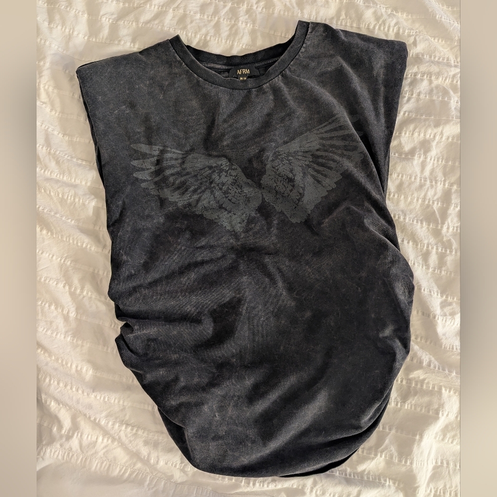 AFRM Cap Sleeve Acid Wash Black Tee Wings Design, Ruched Sides, Shoulder Pads